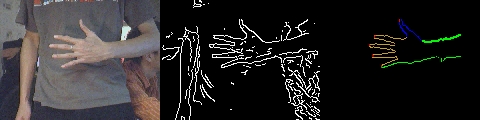 Input (image showing a hand, and including clutter) and output (contour of the hand) for our tracking method. Frame 1.