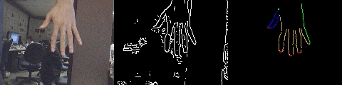 Input (image showing a hand, and including clutter) and output (contour of the hand) for our tracking method. Frame 2.