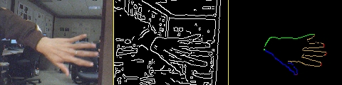 Input (image showing a hand, and including clutter) and output (contour of the hand) for our tracking method. Frame 4.